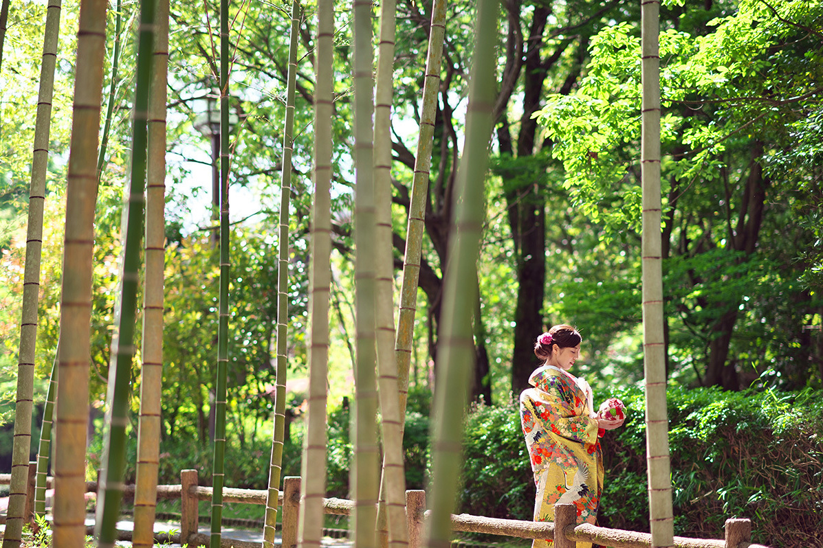 竹林で和装記念写真